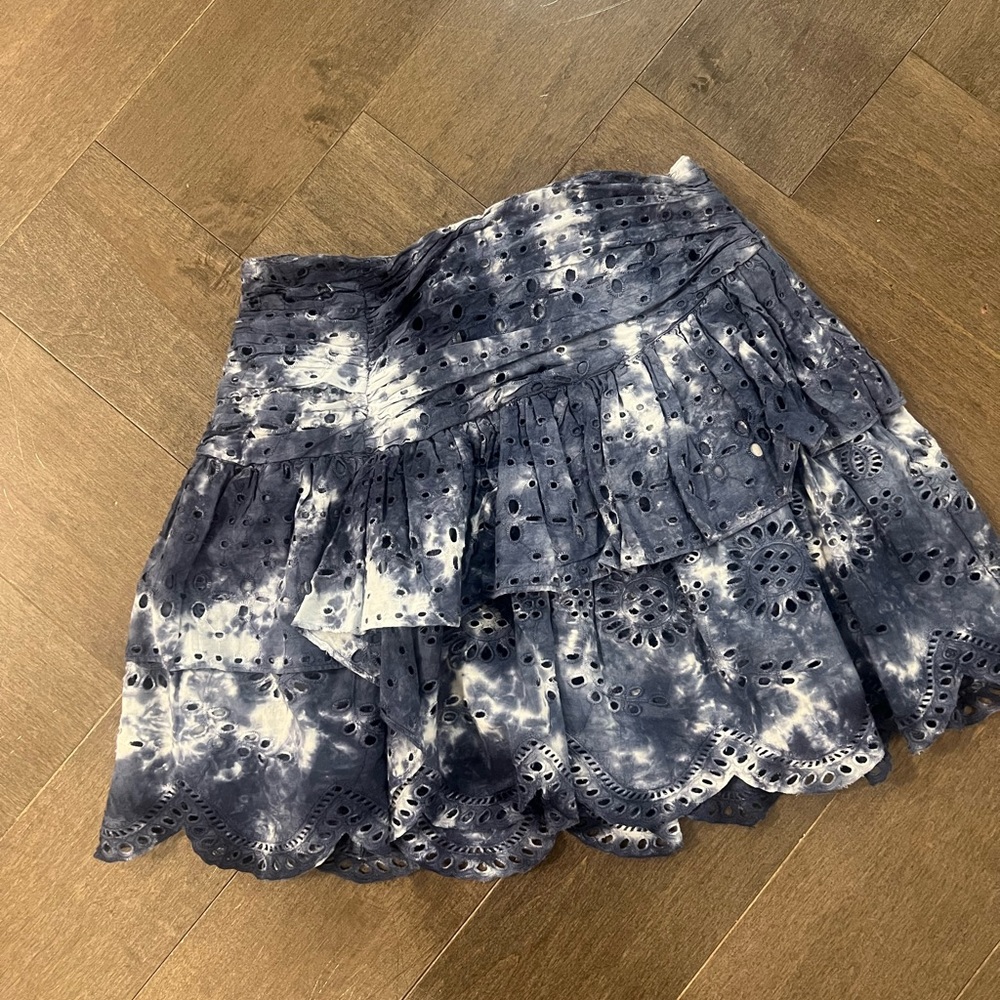 LoveShackFancy Blue mini ruffle skirt with scallop edge.